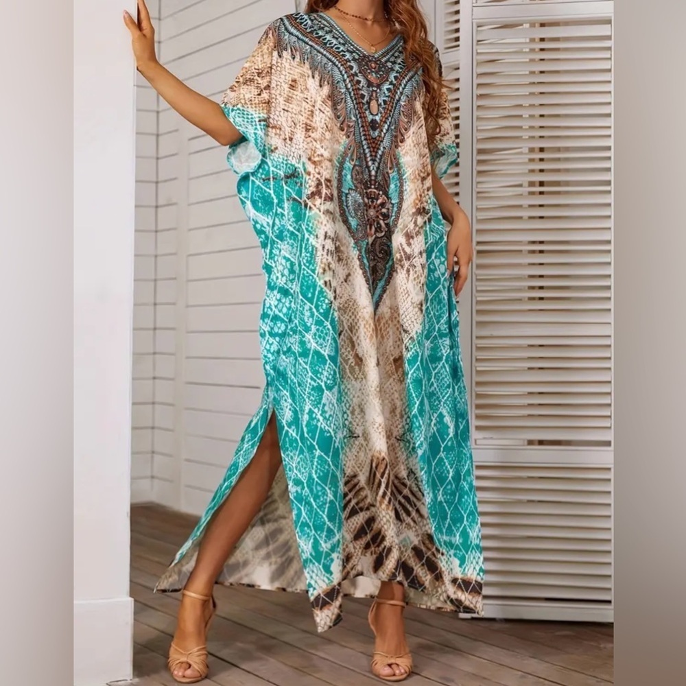 Boho Snake Print Kaftan Cover Up Maxi Dress - Picture 9 of 10